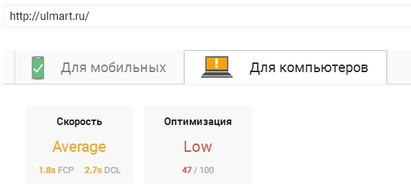 Показатели Google Page Speed Insights для ulmart.ru